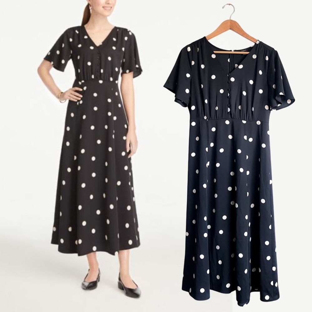 Ann Taylor Black Polka Dot Midi Dress Modest Church Silky Tradwife Traditional 6